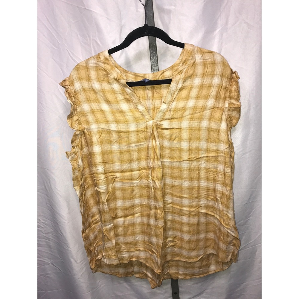 Democracy Plaid V Neck Ruffle Sleeve Top Women 1X Yellow White Rayon